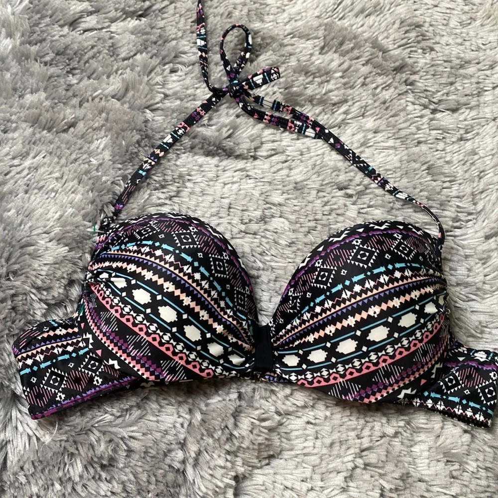 Halter-Style Black & Multi-Colored Swimsuit Top Size Medium Excellent Condition